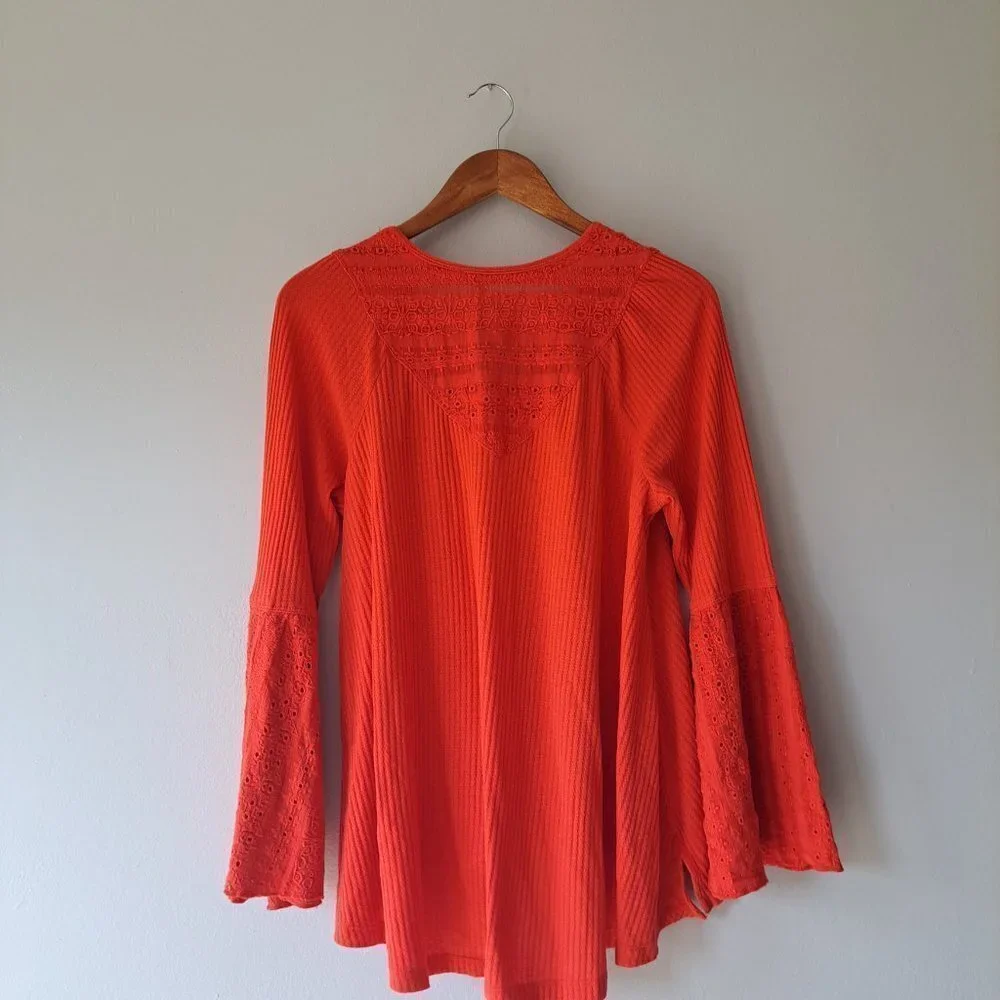 Free People Bright Orange Bell Sleeve V-Neck Top
